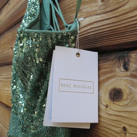 NWT Mac Duggal SEQUINED ONE SHOULDER DRAPED LACE UP GOWN 5687 Green Size 14 - Picture 15 of 16